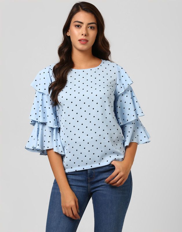 Casual Raglan Sleeves Polka Print Women Blue, Black Top
