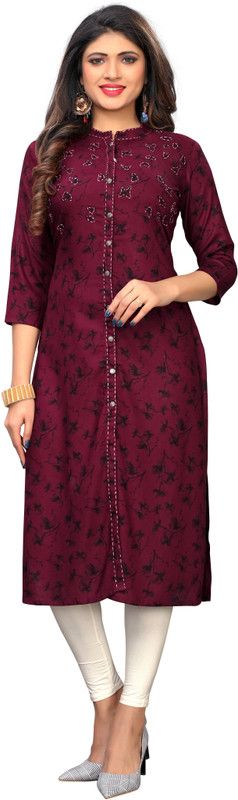 Women Printed Viscose Rayon Straight Kurta  (Purple, Black)