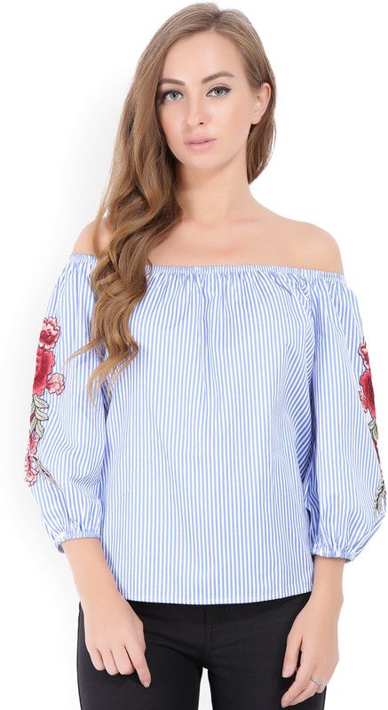 Casual Regular Sleeves Embroidered, Striped Women White, Blue Top