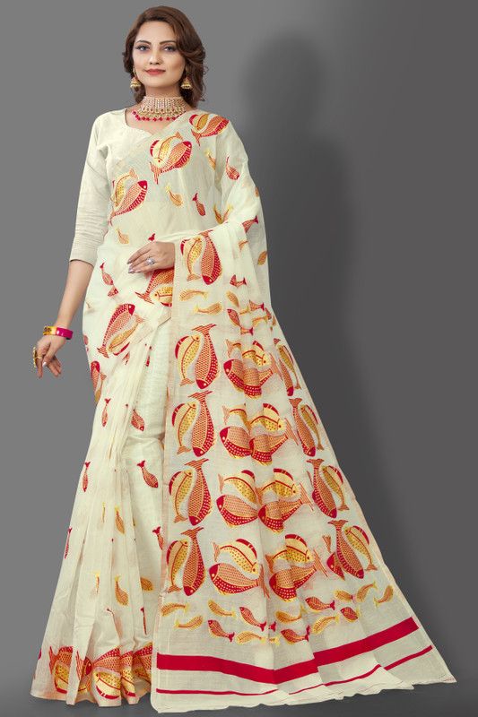 Printed Jamdani Pure Cotton Saree  (White)