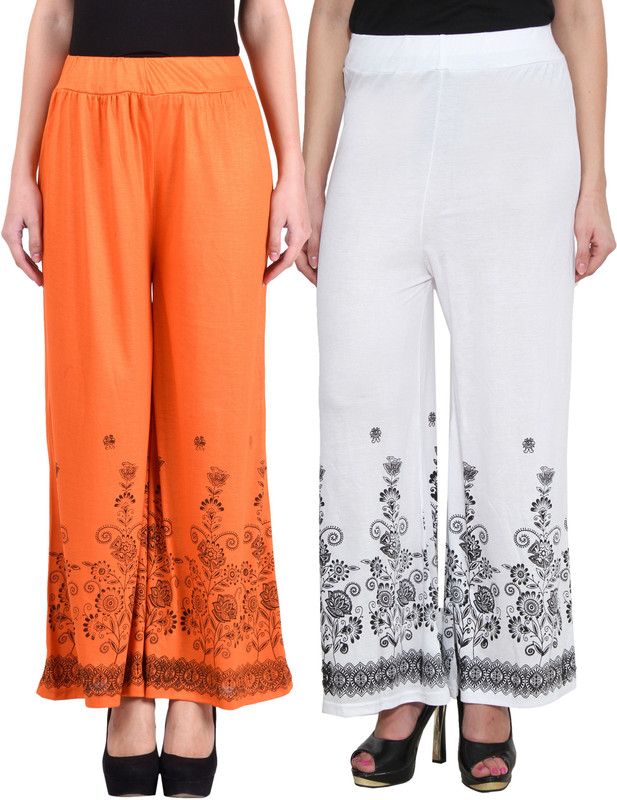 Pack of 2 Women Regular Fit White, Orange Cotton Blend Trousers