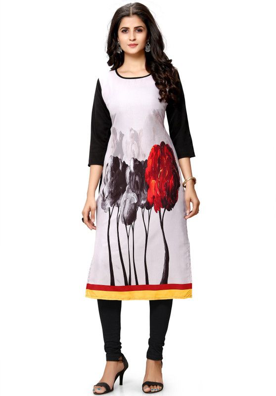 Women Printed Crepe Straight Kurta  (Red, Grey)