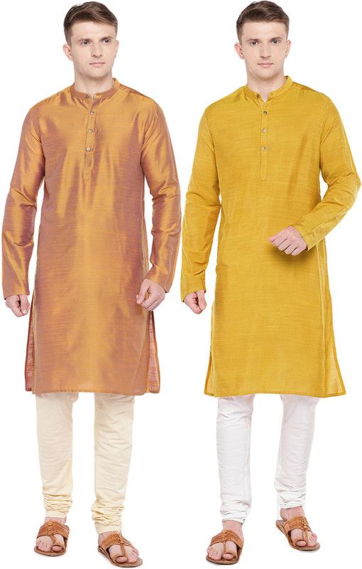 Pack of 2 Men Self Design Art Silk Straight Kurta  (Yellow)