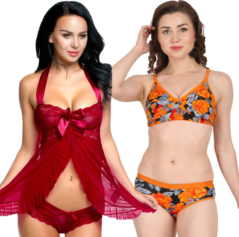 Babydoll Set Self Design Maroon, Orange Lingerie Set