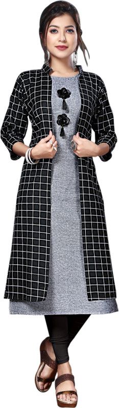 Women Printed Cotton Silk A-line Kurta  (Black, Grey)