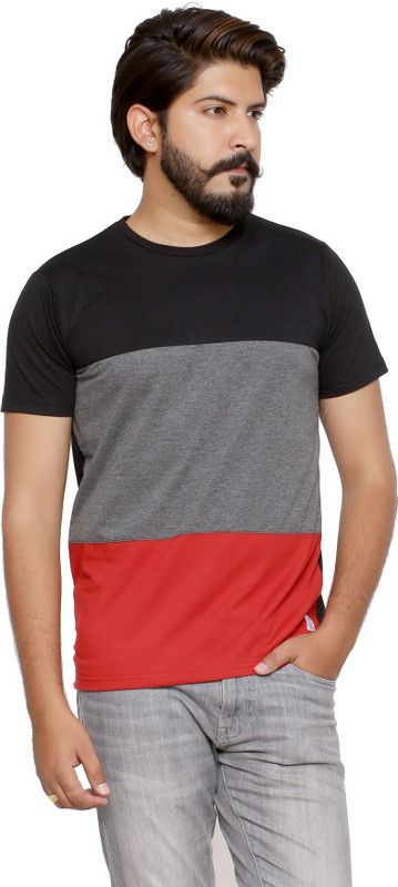 Cut n sue10 Men Striped Round Neck Cotton Blend Red, Black, Grey T-Shirt