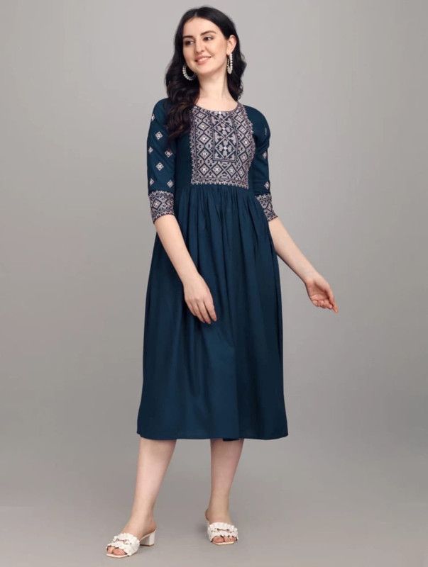 Women Embroidered Cotton Rayon Flared Kurta  (Dark Blue)
