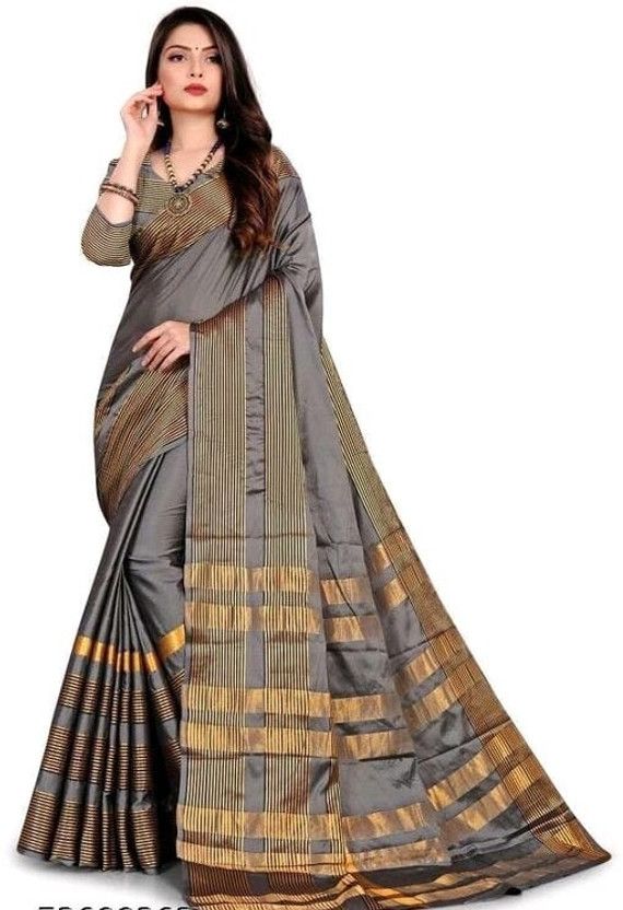 Temple Border Maheshwari Cotton Silk Saree  (Grey)