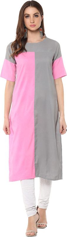 Women Colorblock Crepe Straight Kurta  (Grey)