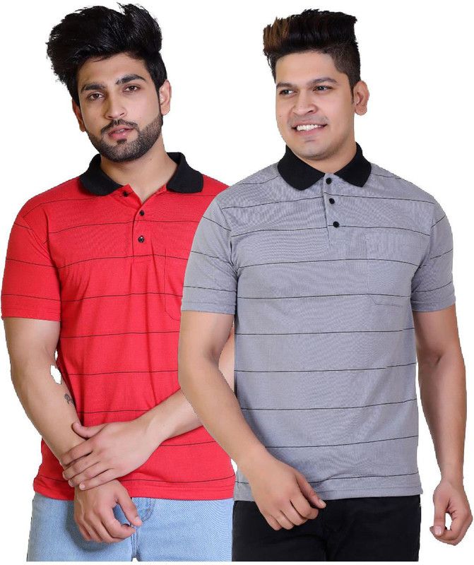 Pack of 2 Men Striped Polo Neck Poly Cotton Multicolor T-Shirt