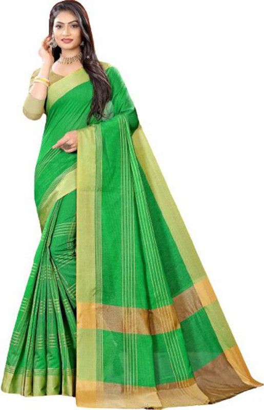 Solid/Plain Bollywood Cotton Blend Saree  (Gold, Light Green)