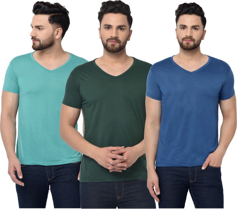 Pack of 3 Men Solid V Neck Cotton Blend Dark Green, Blue T-Shirt