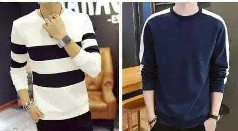 Pack of 2 Men Striped Round Neck Pure Cotton Blue, White T-Shirt
