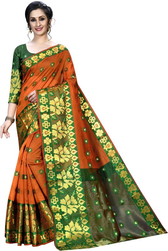 Self Design, Woven, Floral Print Bollywood Silk Blend, Cotton Blend Saree  (Orange)