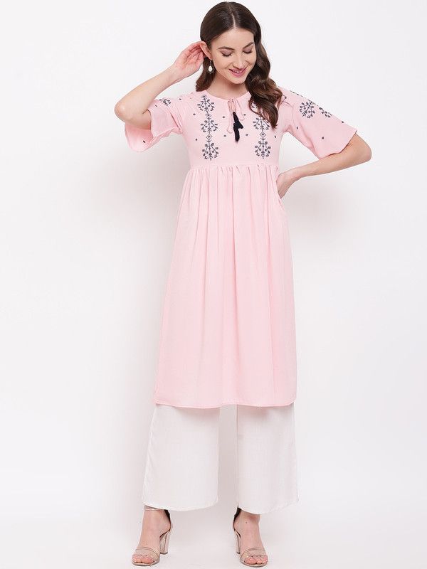 Women Printed Crepe Flared Kurta  (Pink)