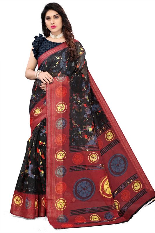 Printed Banarasi Cotton Blend Saree  (Red, Black)