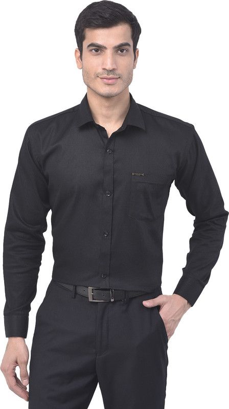 Men Slim Fit Self Design, Solid Curved Collar Formal Shirt