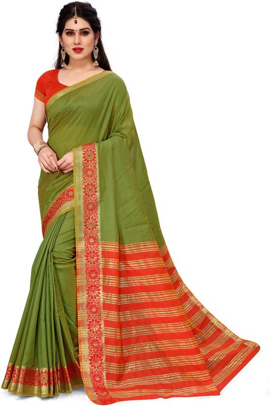 Daily Wear Cotton Silk Saree  (Green, Red)