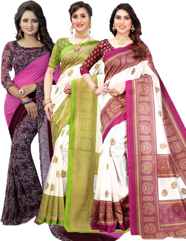 Printed Daily Wear Georgette Saree  (Pack of 3, Purple, Green)
