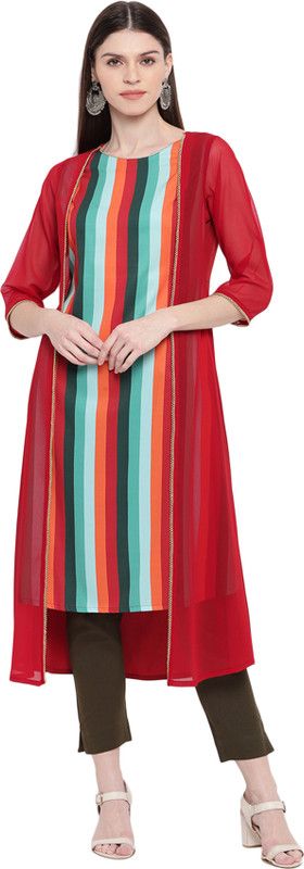 Women Striped Crepe A-line Kurta  (Maroon)
