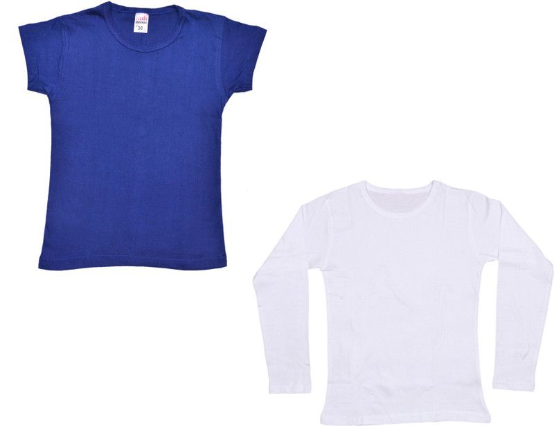 Girls Solid Cotton Blend T Shirt  (White, Pack of 2)