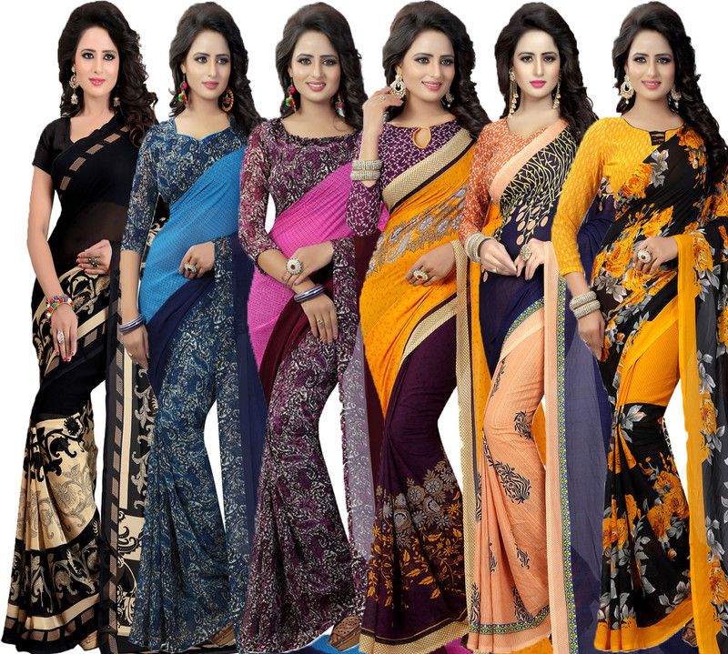 Printed Daily Wear Georgette Saree  (Pack of 6, Purple, Dark Blue, Blue, Black, Pink, Yellow)
