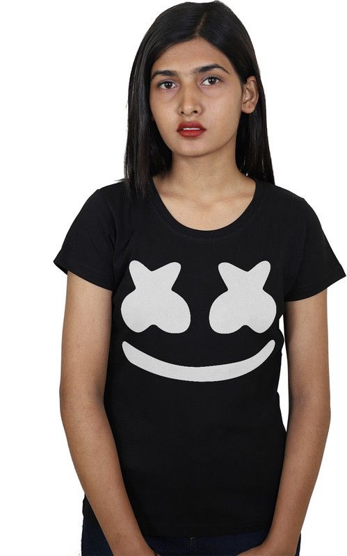 MarshMellow-1M-B Women Graphic Print Round Neck Reversible Cotton Blend Black T-Shirt
