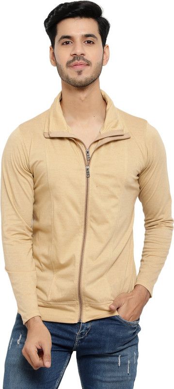 Men Solid Polo Neck Poly Cotton Beige T-Shirt