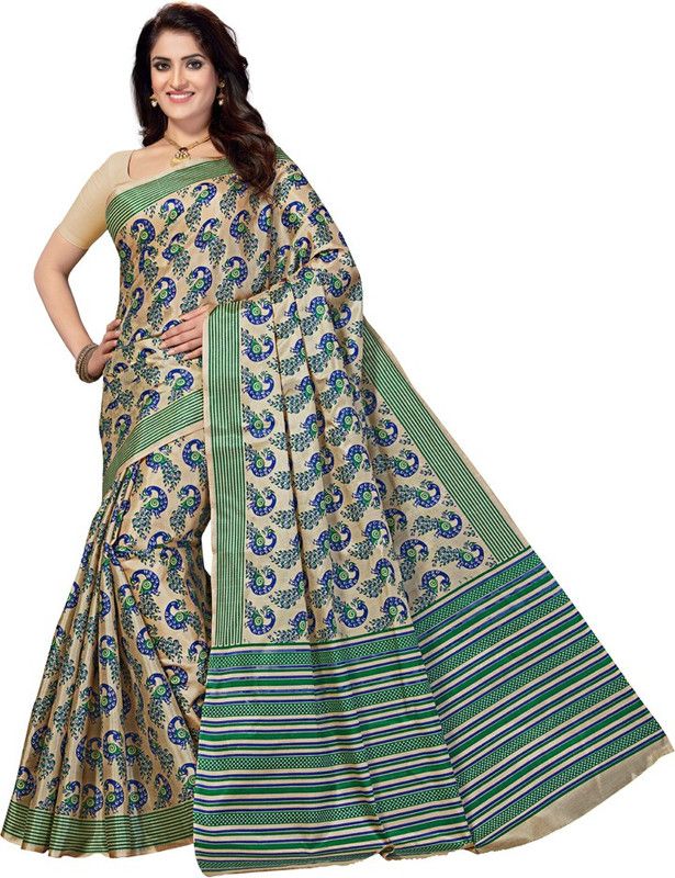 Graphic Print Gadwal Silk Blend Saree  (Green, Beige)