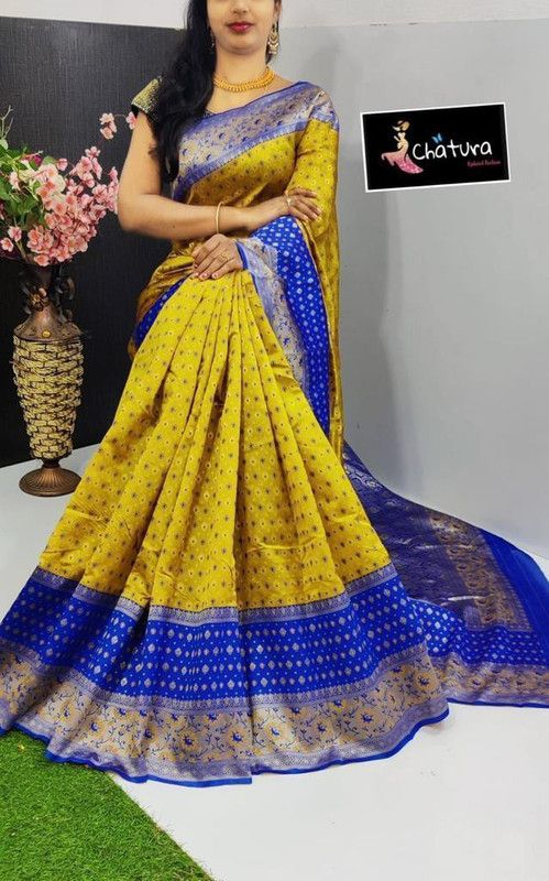 Embellished Dharmavaram Jacquard Saree  (Yellow)