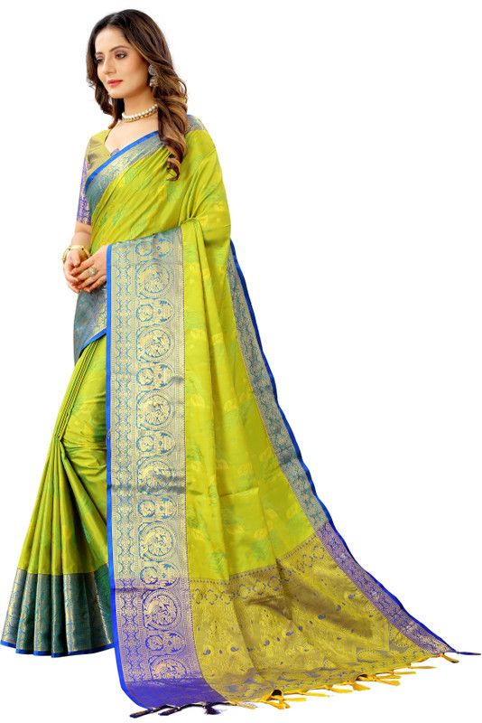 Woven, Solid/Plain Kanjivaram Jacquard, Pure Silk Saree  (Light Green)