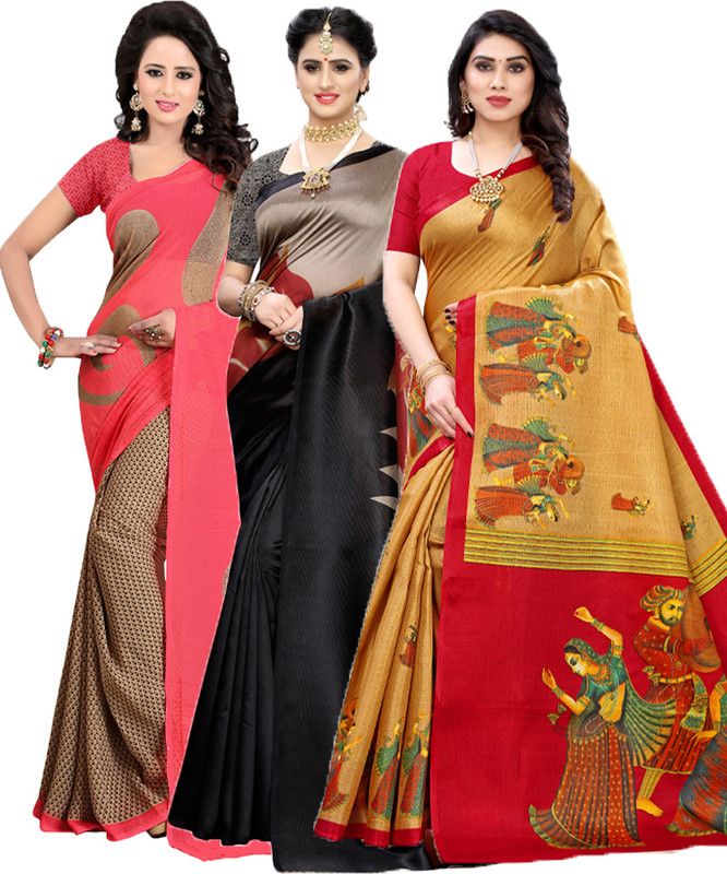 Printed Bollywood Georgette Saree  (Pack of 3, Red, Black, Cream)
