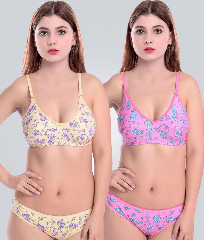 Bra & Panty Set Floral Print Yellow, Pink Lingerie Set