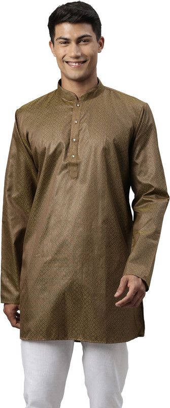 Men Solid Polyester Straight Kurta  (Brown)