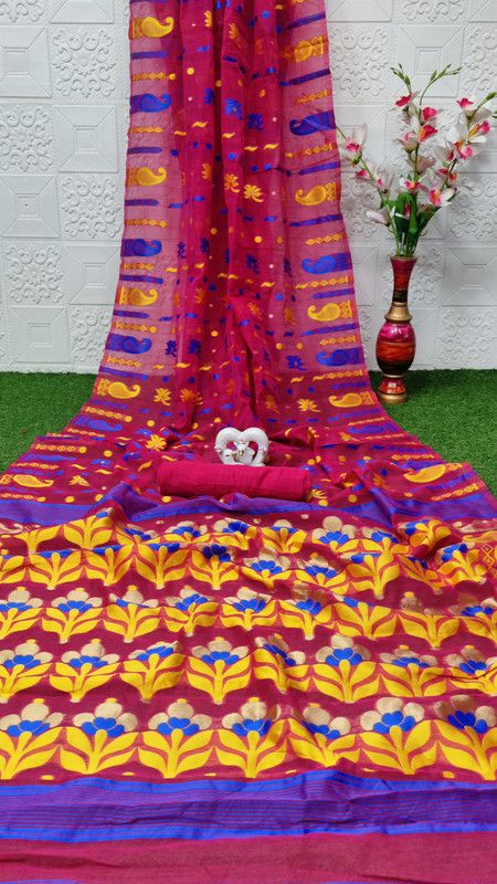 Floral Print Jamdani Cotton Linen, Cotton Silk Saree  (Gold, Pink)