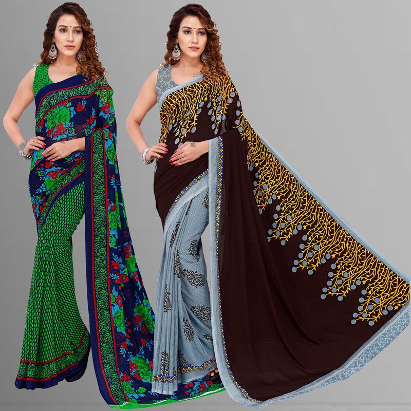 Floral Print Bollywood Georgette Saree  (Pack of 2, Green, Blue, Black, Grey)