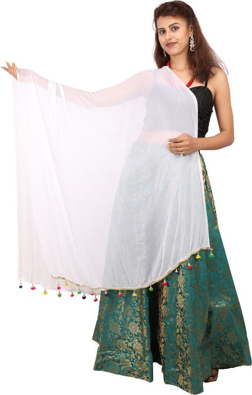 Chiffon Embellished White Women Dupatta