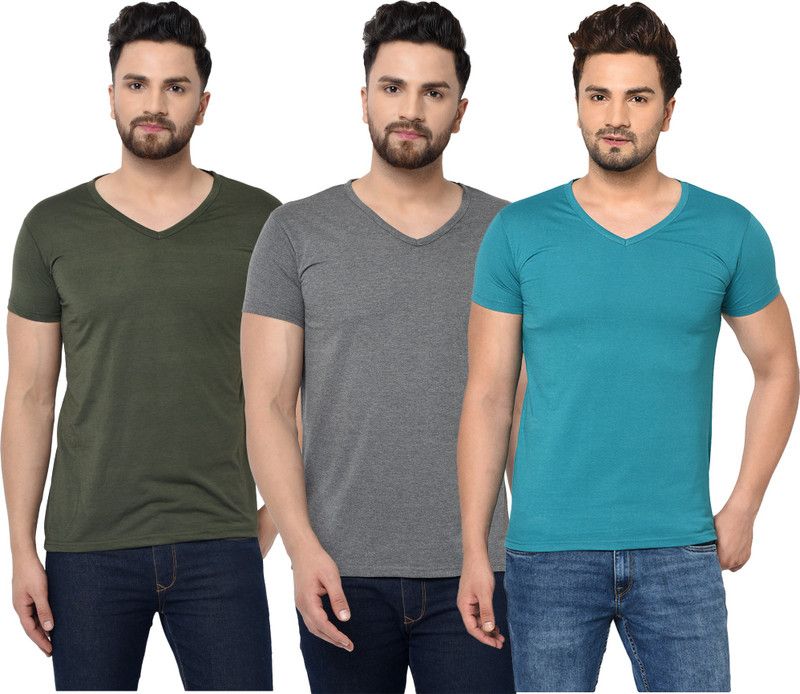 Pack of 3 V Neck T-Shirt Combo of 3 Men Self Design V Neck Cotton Blend Green, Blue, Grey T-Shirt