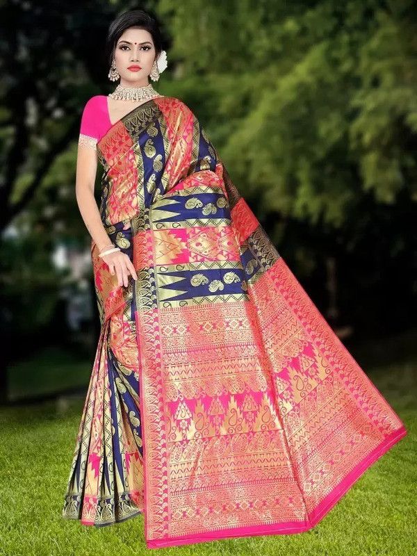 Woven Kanjivaram Art Silk Saree  (Dark Blue, Pink)