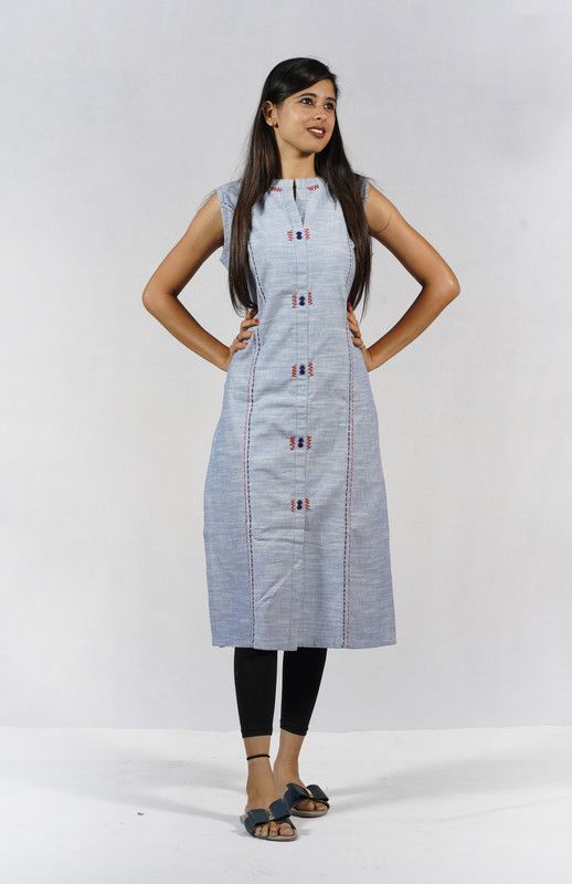 Women Solid Cotton Silk Straight Kurta  (Blue)