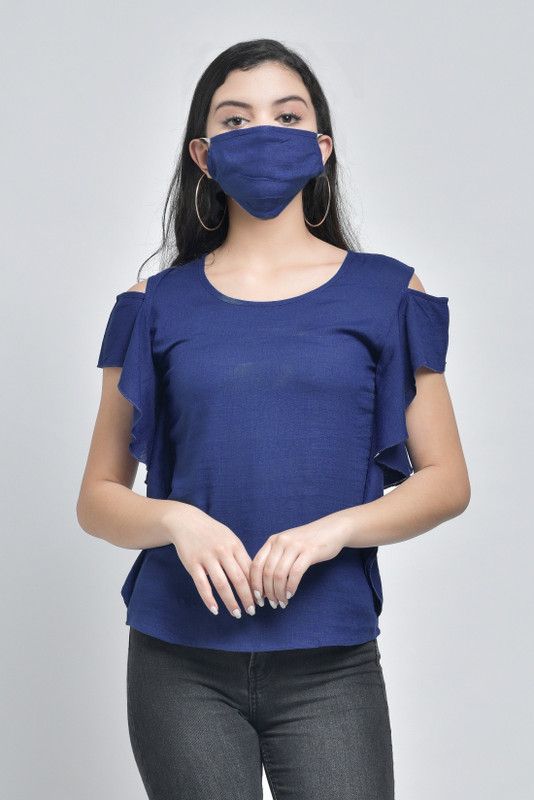 Casual Cold Shoulder Sleeves Self Design, Solid Women Dark Blue Top With Mask