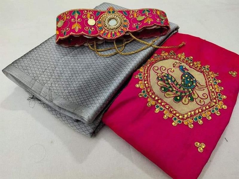 Plain Fashion Chiffon Saree  (Grey, Pink)