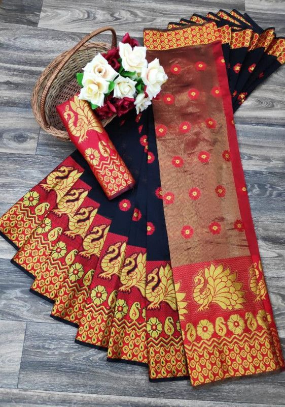 Animal Print Fashion Jacquard Saree  (Black, Red)