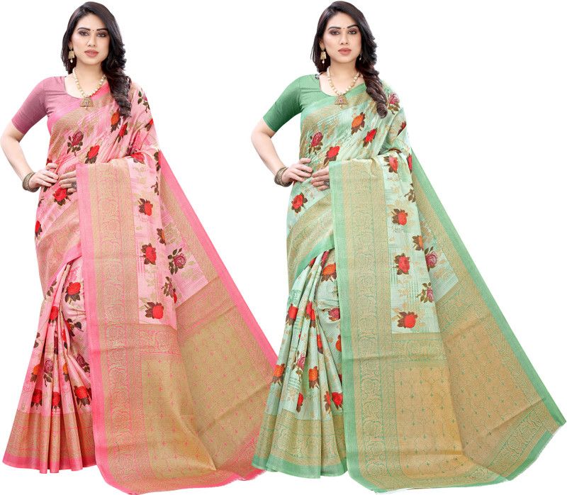 Printed Bhagalpuri Art Silk Saree  (Pack of 2, Pink, Light Green)
