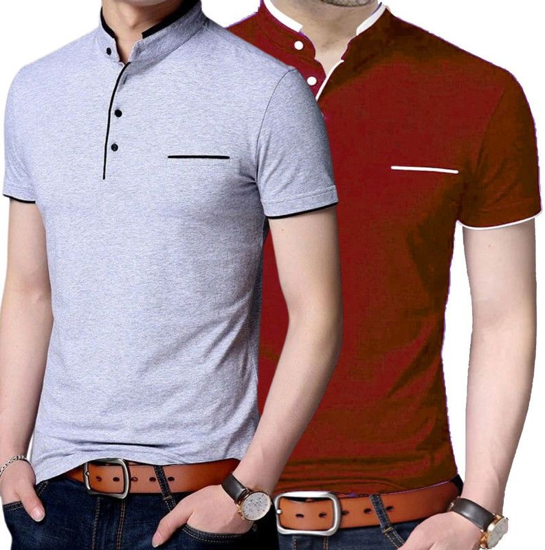Pack of 2 Men Solid Mandarin Collar Cotton Blend Red, Grey T-Shirt