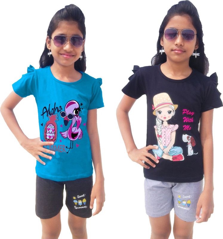 Girls Dora Casual T-shirt Shorts  (Black)