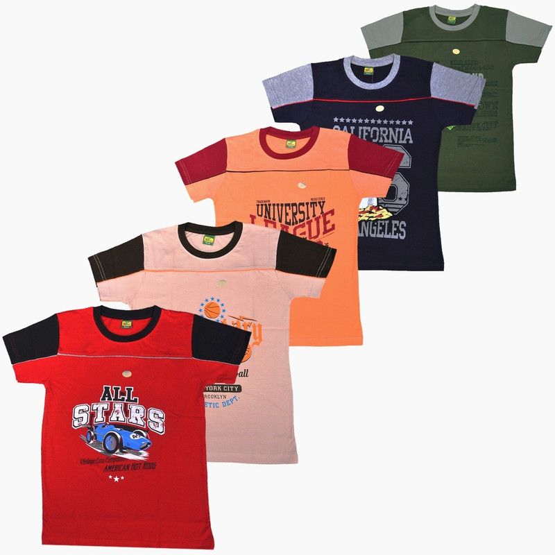 Boys Printed Cotton Blend T Shirt  (Red, Pack of 5)