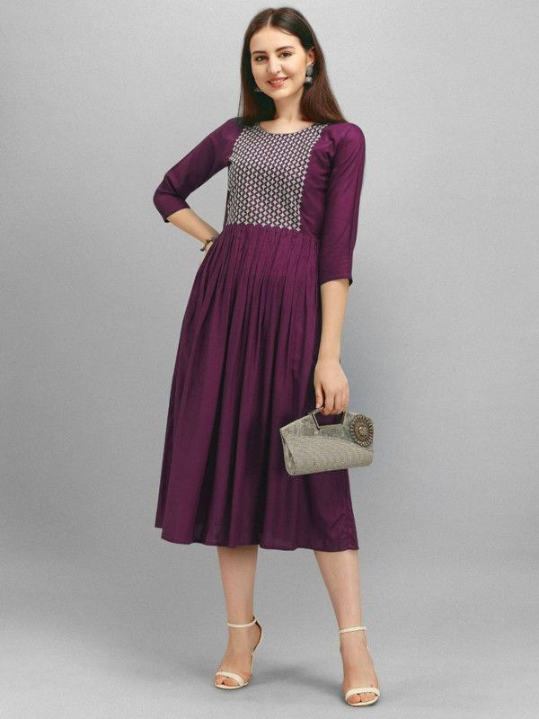 Women Applique Cotton Blend A-line Kurta  (Purple)