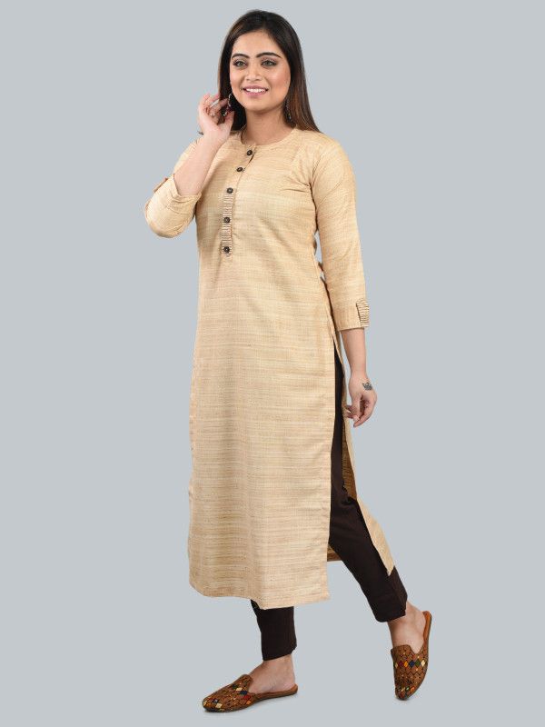 Women Self Design Pure Silk Straight Kurta  (Beige)