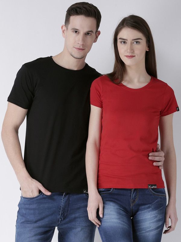 Couple Solid Round Neck Cotton Blend Multicolor T-Shirt